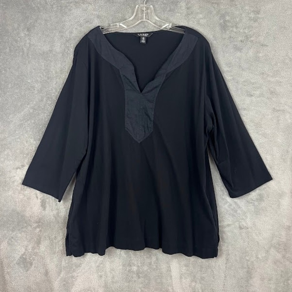 Lauren Ralph Lauren Black Label Split Neck Tunic Top Womens 2X Black Minimalist